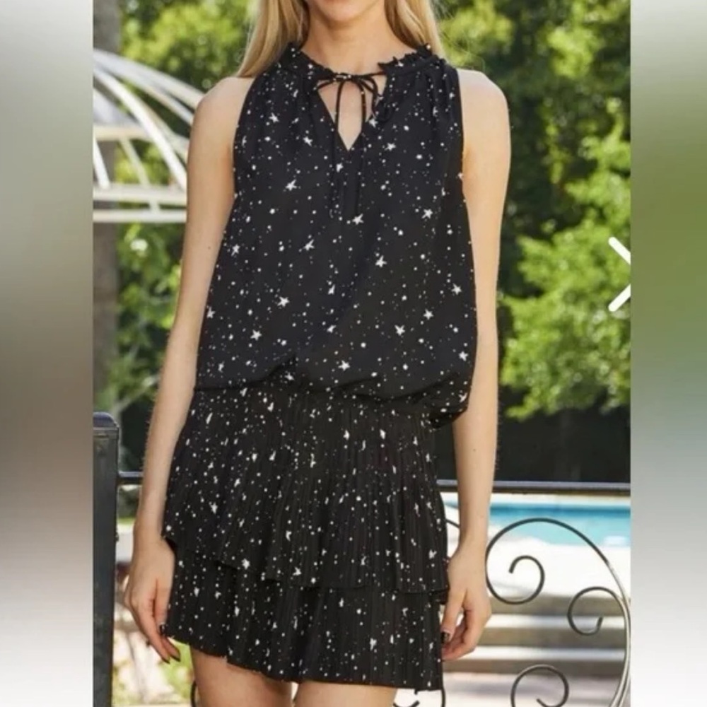 Current Air Cara Sleeveless Starry Mini Dress Size S Black Stars Smocked Pleated